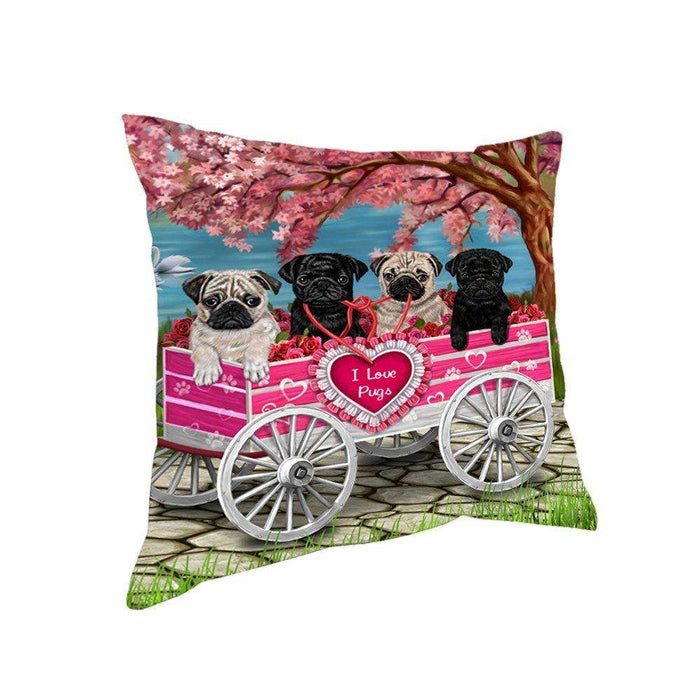 I Love Pug Dogs in a Cart Throw Pillow