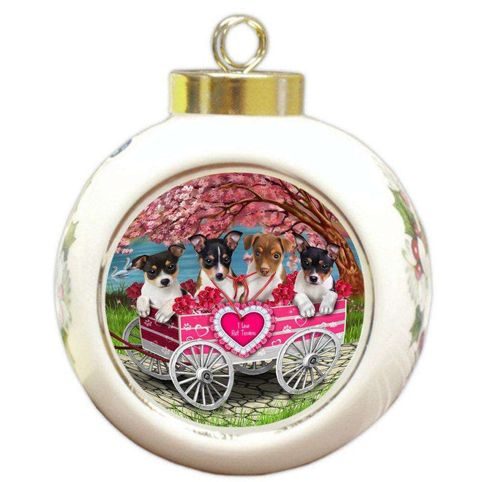 I Love Rat Terriers Dog in a Cart Round Ball Christmas Ornament RBPOR48143