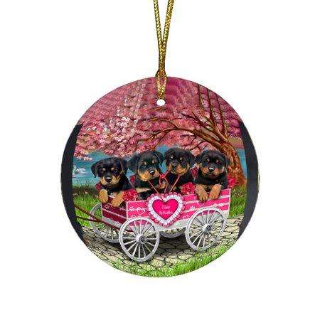 I Love Rottweilers Dog in a Cart Round Christmas Ornament RFPOR48578