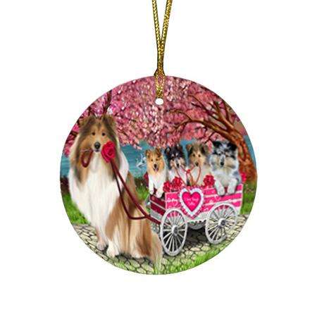 I Love Rough Collies Dog in a Cart Round Flat Christmas Ornament RFPOR54202