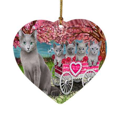I Love Russian Blue Cats in a Cart Heart Christmas Ornament HPOR51704