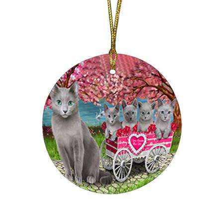 I Love Russian Blue Cats in a Cart Round Flat Christmas Ornament RFPOR51695
