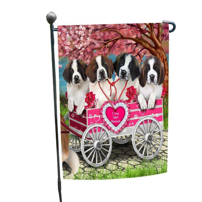 I Love Saint Bernard Dogs in a Cart Garden Flag