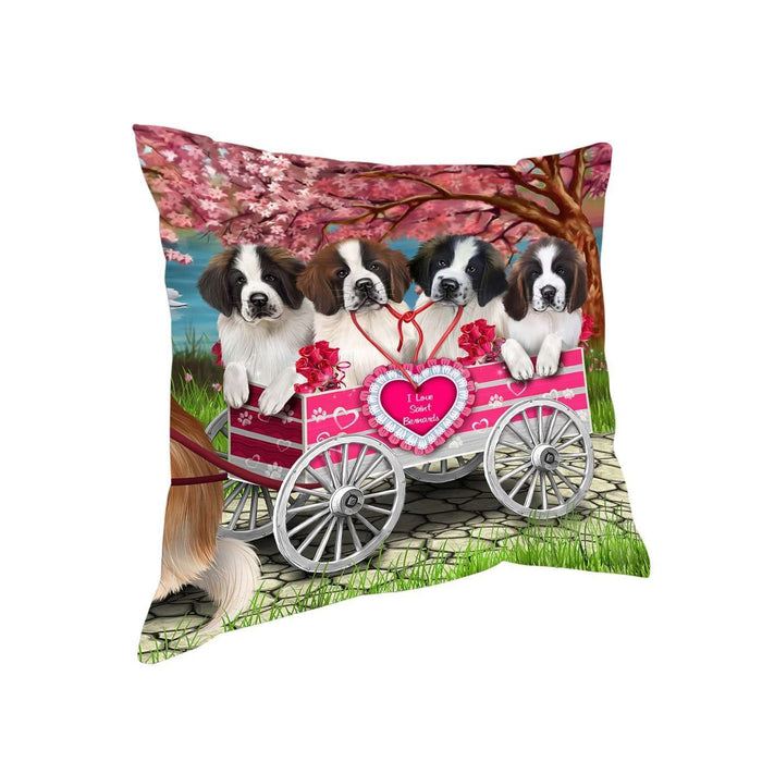 I Love Saint Bernard Dogs in a Cart Throw Pillow D071