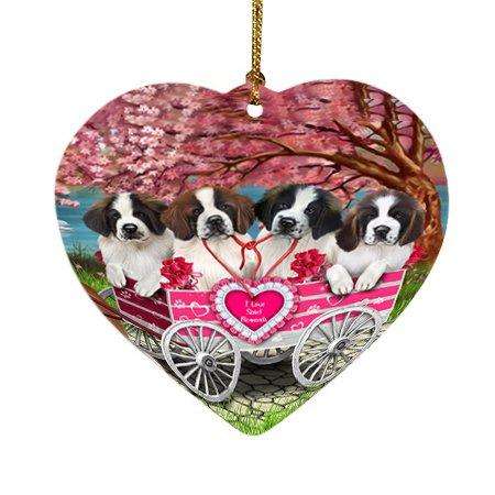 I Love Saint Bernards Dog in a Cart Heart Christmas Ornament HPOR48588