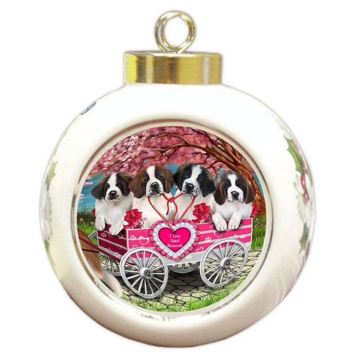 I Love Saint Bernards Dog in a Cart Round Ball Christmas Ornament RBPOR48575