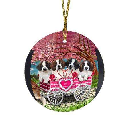 I Love Saint Bernards Dog in a Cart Round Christmas Ornament RFPOR48579