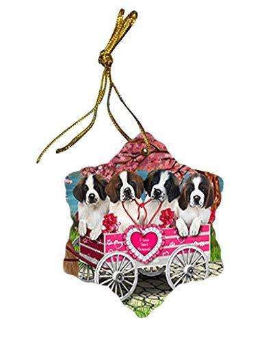I Love Saint Bernards Dog in a Cart Star Porcelain Ornament SPOR48522