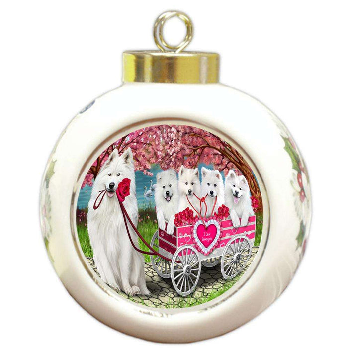I Love Samoyeds Dog in a Cart Round Ball Christmas Ornament RBPOR51705