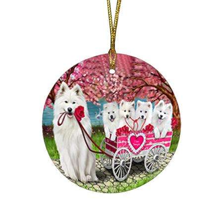 I Love Samoyeds Dog in a Cart Round Flat Christmas Ornament RFPOR51696