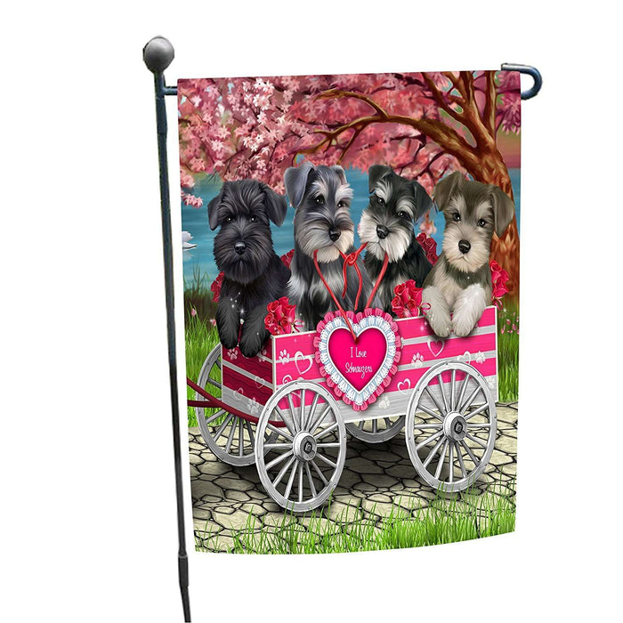 I Love Schnauzer Dogs in a Cart Garden Flag