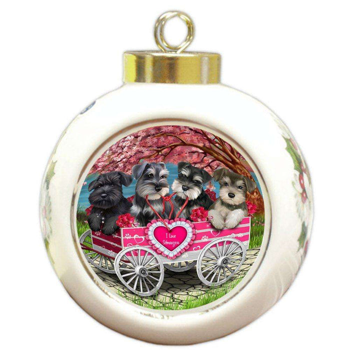 I Love Schnauzers Dog in a Cart Round Ball Christmas Ornament RBPOR48576