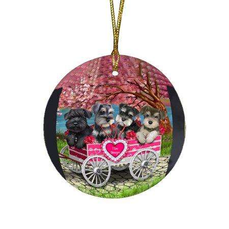 I Love Schnauzers Dog in a Cart Round Christmas Ornament RFPOR48580