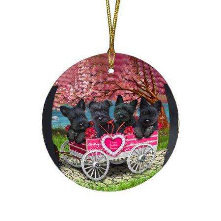 I Love scottish terriers Dog in a Cart Round Christmas Ornament RFPOR48581