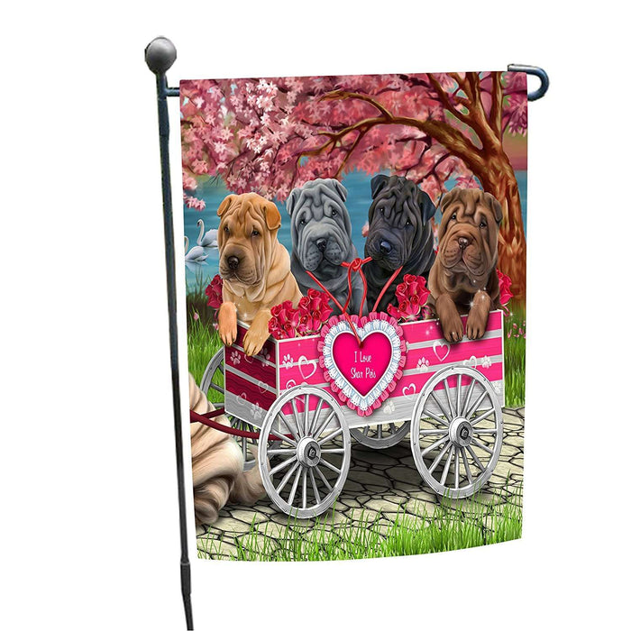 I Love Shar Pei Dogs in a Cart Garden Flag