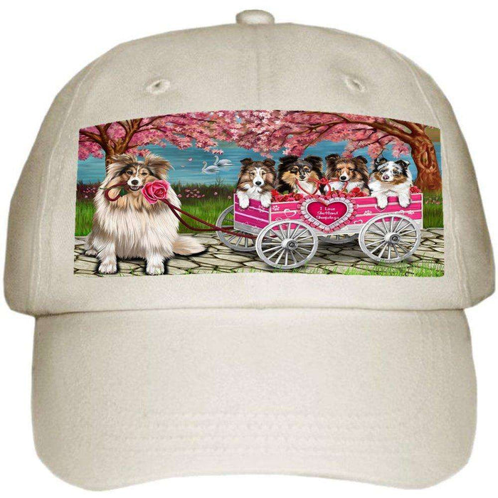 I Love Shetland Sheepdog Dogs in a Cart Ball Hat Cap Off White