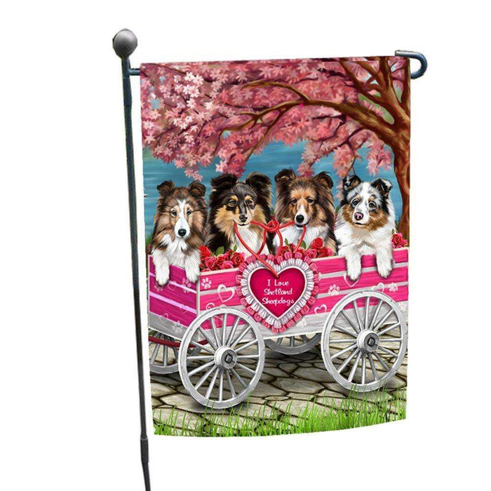 I Love Shetland Sheepdog Dogs in a Cart Garden Flag