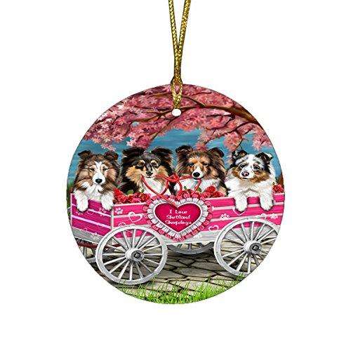 I Love Shetland Sheepdog Dogs in a Cart Round Christmas Ornament
