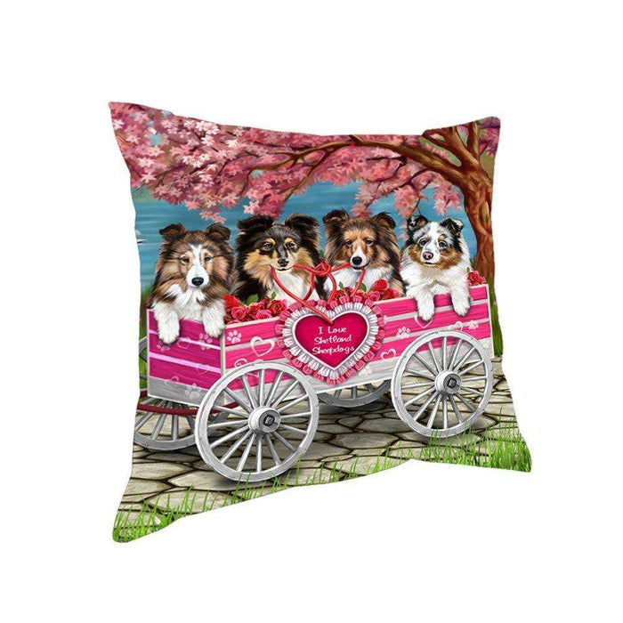 I Love Shetland Sheepdog Dogs in a Cart Throw Pillow