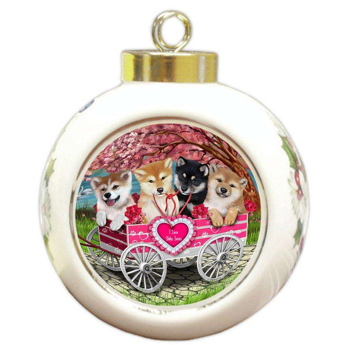 I Love Shiba Inues Dog in a Cart Round Ball Christmas Ornament RBPOR48579