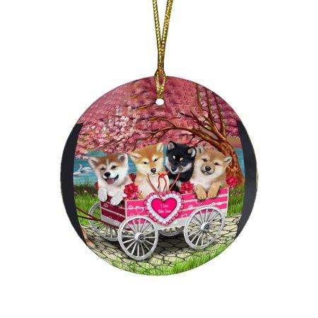 I Love Shiba Inues Dog in a Cart Round Christmas Ornament RFPOR48583