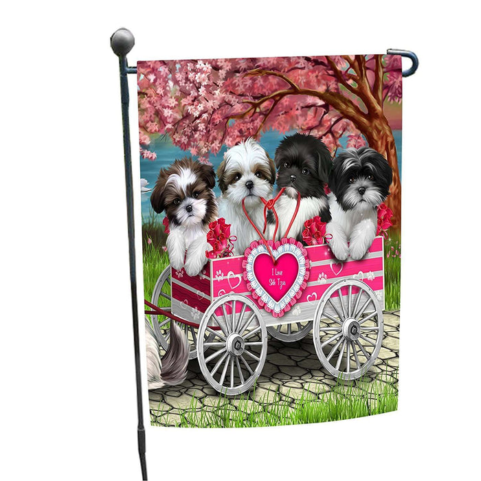 I Love Shih Tzu Dogs in a Cart Garden Flag