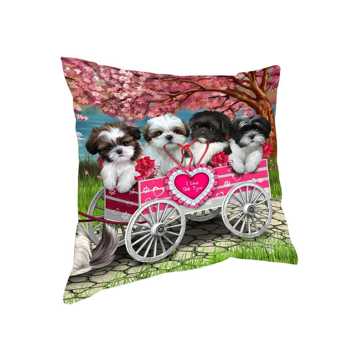 I Love Shih Tzu Dogs in a Cart Throw Pillow D073