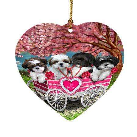 I Love Shih Tzues Dog in a Cart Heart Christmas Ornament HPOR48593