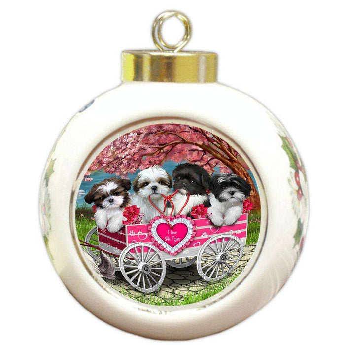 I Love Shih Tzues Dog in a Cart Round Ball Christmas Ornament RBPOR48580