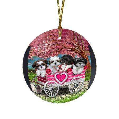 I Love Shih Tzues Dog in a Cart Round Christmas Ornament RFPOR48584