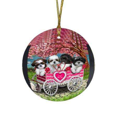 I Love Shih Tzues Dog in a Cart Round Christmas Ornament RFPOR48585