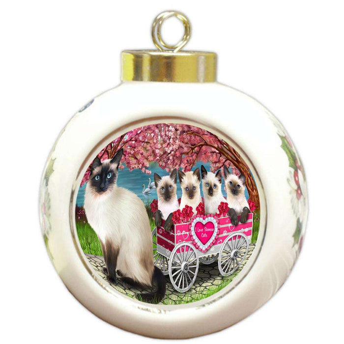 I Love Siamese Cats in a Cart Round Ball Christmas Ornament RBPOR51706