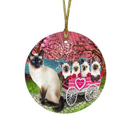 I Love Siamese Cats in a Cart Round Flat Christmas Ornament RFPOR51697