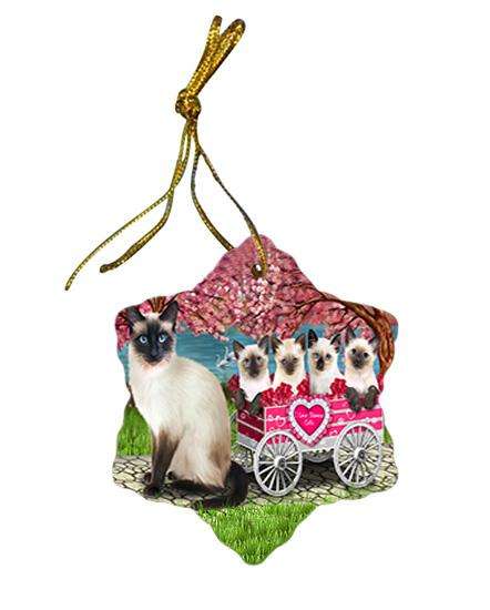 I Love Siamese Cats in a Cart Star Porcelain Ornament SPOR51697