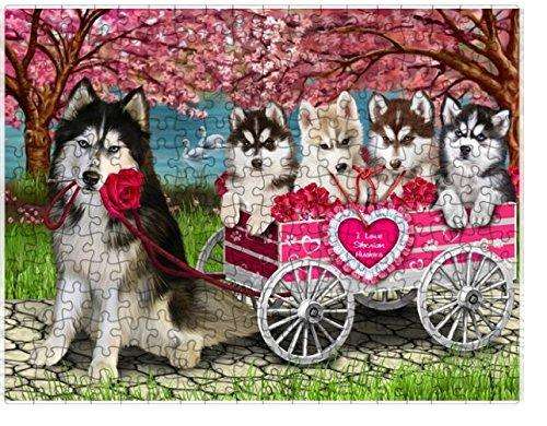 I Love Siberian Huskies Dogs in a Cart Puzzle with Photo Tin