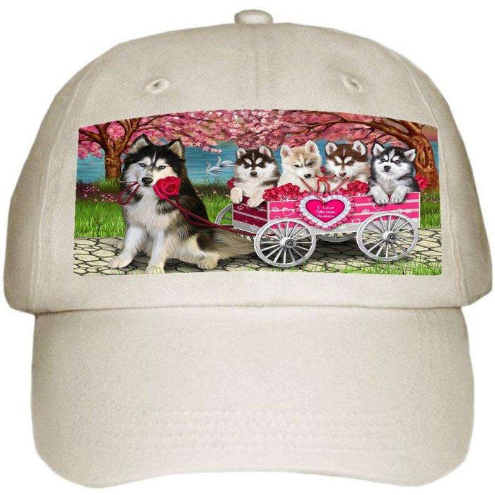 I Love Siberian Husky Dogs in a Cart Ball Hat Cap Off White