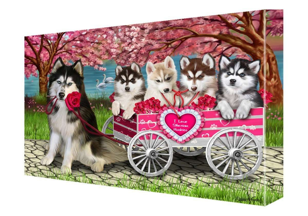 I Love Siberian Husky Dogs in a Cart Canvas Wall Art Signed