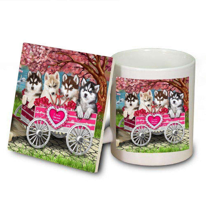 I Love Siberian Husky Dogs in a Cart Mug and Coaster Set
