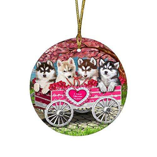 I Love Siberian Husky Dogs in a Cart Round Christmas Ornament