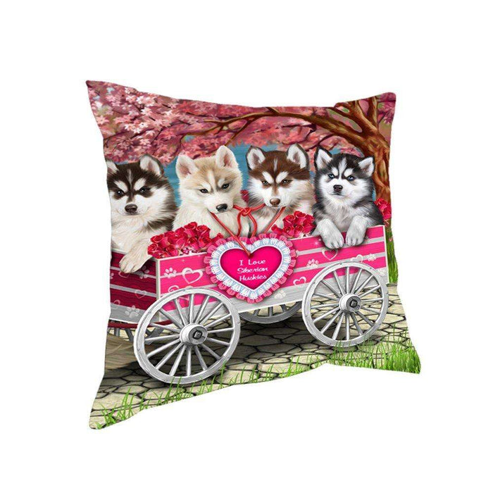 I Love Siberian Husky Dogs in a Cart Throw Pillow