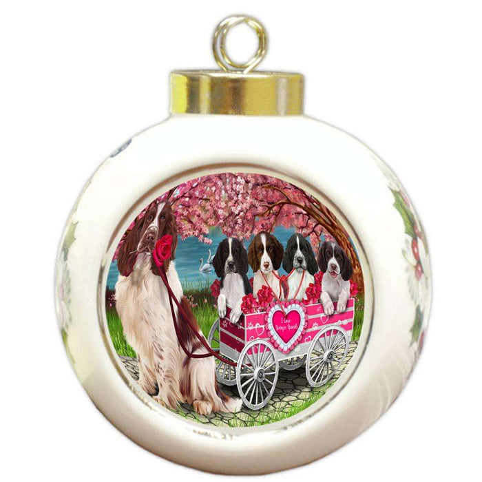 I Love Springer Spaniels Dog in a Cart Round Ball Christmas Ornament RBPOR54213