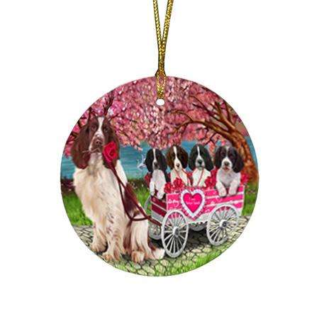 I Love Springer Spaniels Dog in a Cart Round Flat Christmas Ornament RFPOR54204