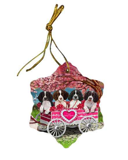 I Love Springer Spaniels Dog in a Cart Star Porcelain Ornament SPOR54204