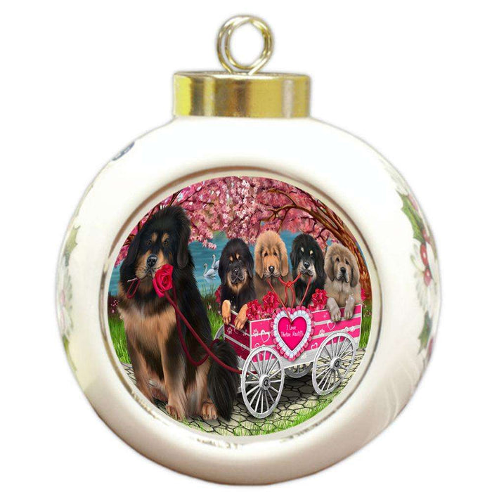 I Love Tibetan Mastiffs Dog in a Cart Round Ball Christmas Ornament RBPOR54214
