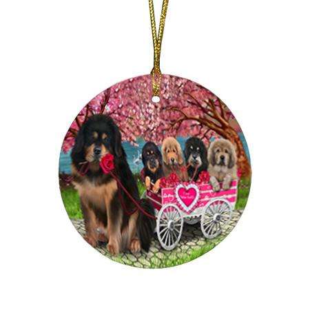 I Love Tibetan Mastiffs Dog in a Cart Round Flat Christmas Ornament RFPOR54205