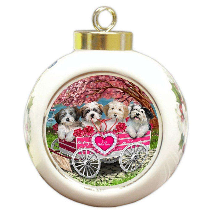I Love Tibetan Terriers Dog in a Cart Round Ball Christmas Ornament RBPOR48144