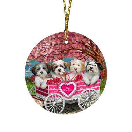I Love Tibetan Terriers Dog in a Cart Round Christmas Ornament RFPOR48135