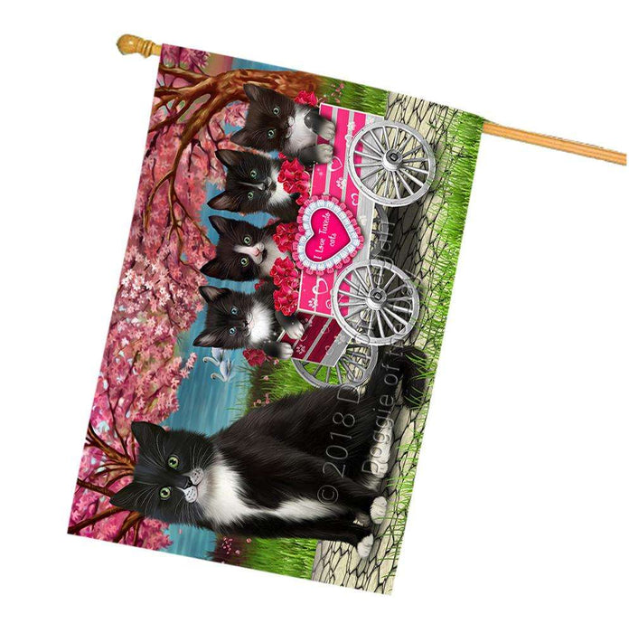 I Love Tuxedo Cats Cat in a Cart House Flag FLG51841