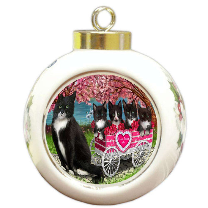 I Love Tuxedo Cats in a Cart Round Ball Christmas Ornament RBPOR51708