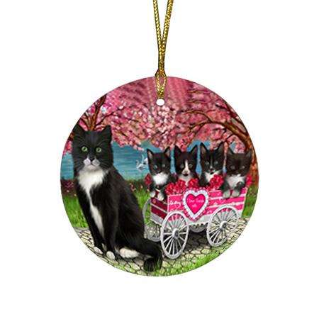 I Love Tuxedo Cats in a Cart Round Flat Christmas Ornament RFPOR51699